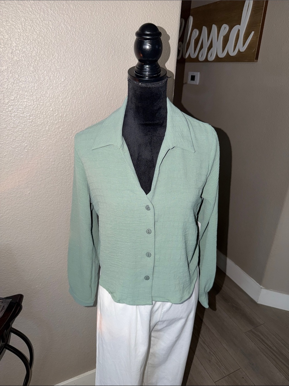Light Sage Green Button-Front Collared Blouse